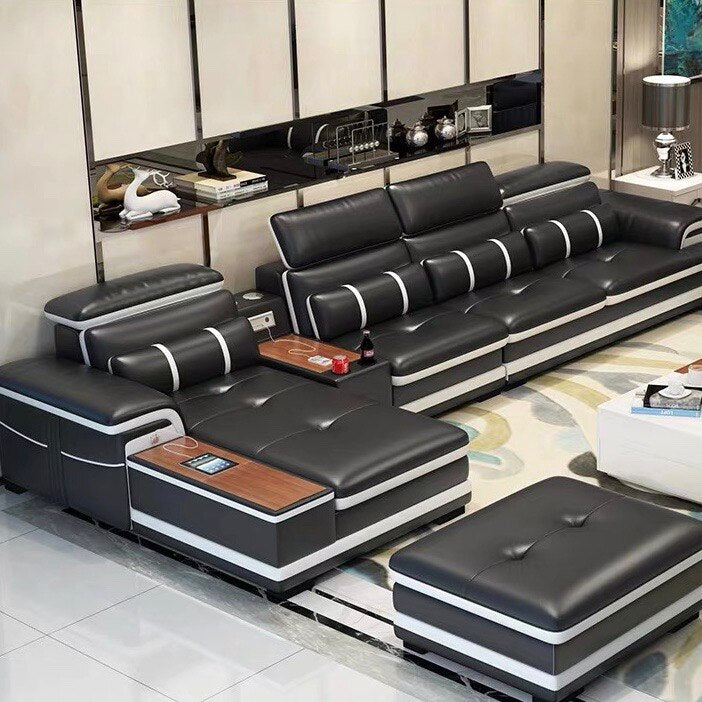 Custom Modern Living Room Set Black/ White Leather Chesterfield Sofa