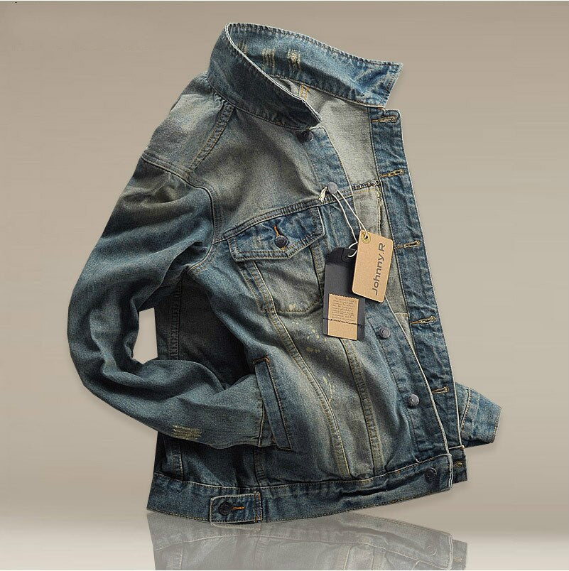 Hi-Street Men Ripped jeans Jackets washed patchwork Distressed Denim Man Slim Fit Streetwear HipHop Vintage Jacket