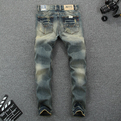 Italian Style Fashion Mens Jeans Retro Design Slim Fit Denim Ripped Jeans Mens Pants Brand Clothing Nostalgia Color Biker Jeans