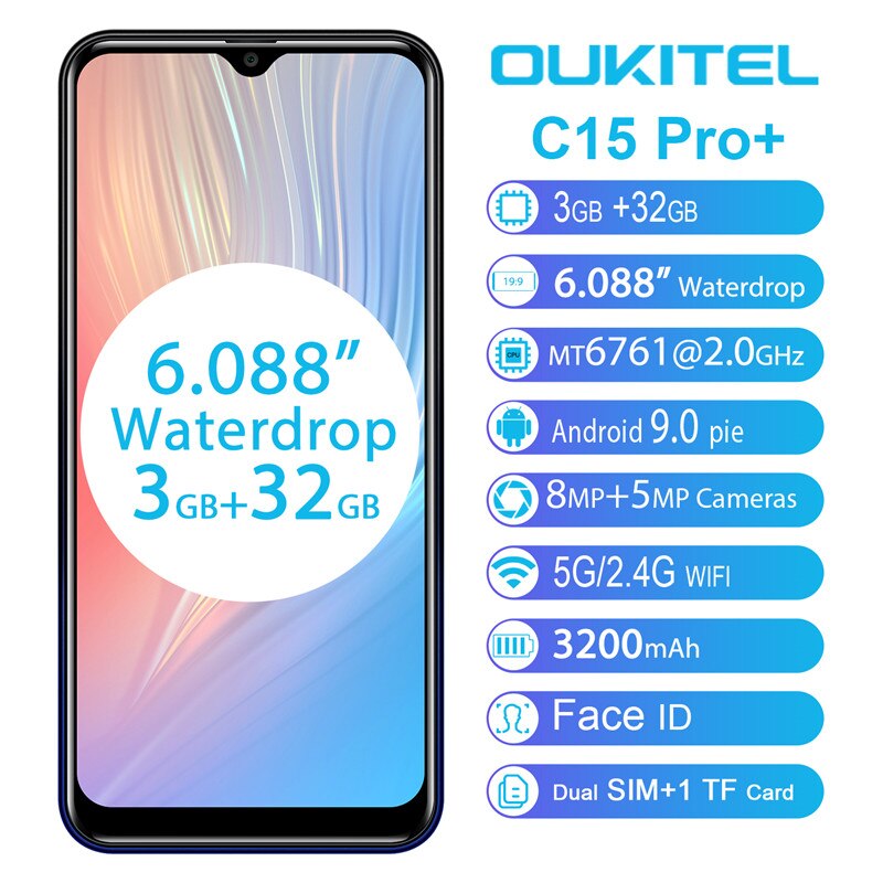 OUKITEL C15 Pro+ 6.088'' 19:9 Android 9.0 Pie 3GB 32GB MT6761 Waterdrop Smartphone Fingerprint Face ID 5G WiFi 4G Mobile Phone