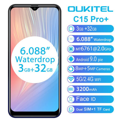 OUKITEL C15 Pro+ 6.088'' 19:9 Android 9.0 Pie 3GB 32GB MT6761 Waterdrop Smartphone Fingerprint Face ID 5G WiFi 4G Mobile Phone
